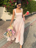 Square Neck Drop Waist Pleated Gathered Skirt Midi Dress