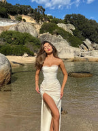 Satin Strapless Lace Trim Sweetheart Corset Bodice Ruched High Slit Maxi Gown