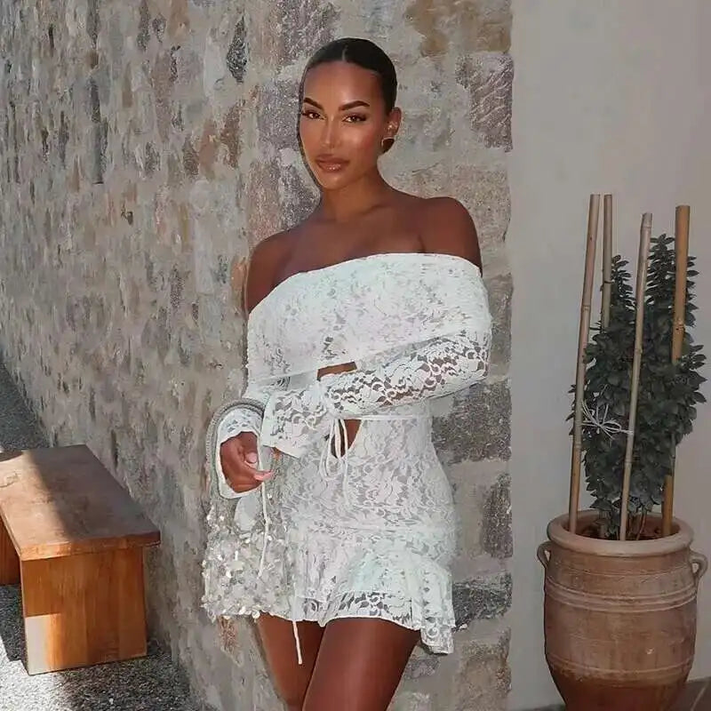 Floral Lace Strapless Sweetheart Neck Tiered Ruffle Hem Bodycon Mini Dress