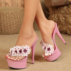 Women's Fashion Embroidery Flower Platform Slipper with Open Toe and Super High Heels