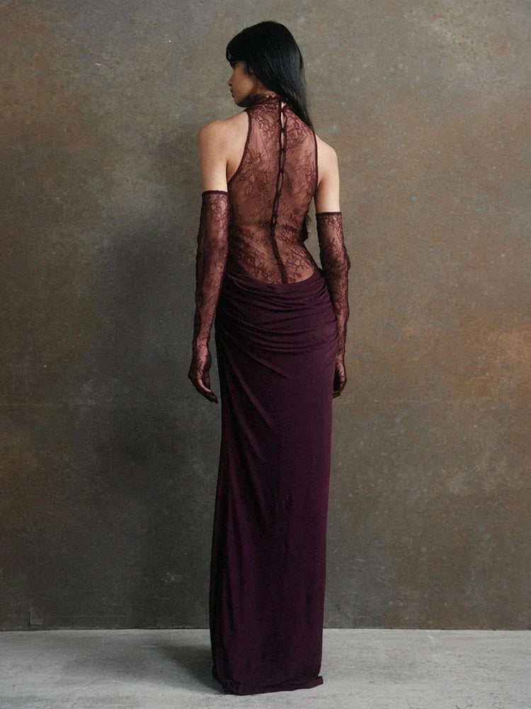 Mock Neck Lace Panel Cowl Plunge Ruched Draped Lace Glove Maxi Gown