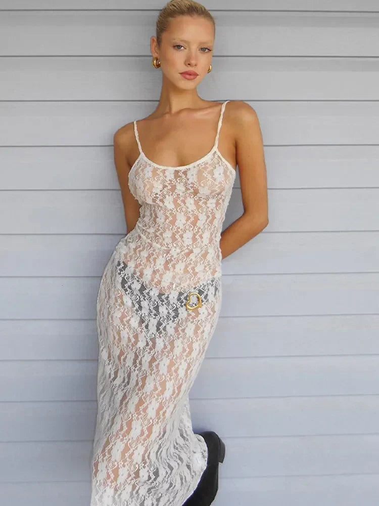 Floral Lace Bustier Spaghetti Strap Sheer Slip Midi Dress