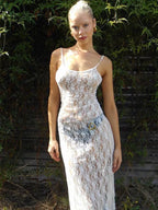 Floral Lace Bustier Spaghetti Strap Sheer Slip Midi Dress