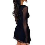 Square Neck Mesh Long Sleeve Ruffle Cuff Tie Bow Side Slit Mini Dress