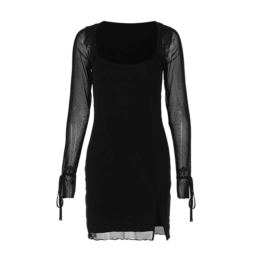 Square Neck Mesh Long Sleeve Ruffle Cuff Tie Bow Side Slit Mini Dress