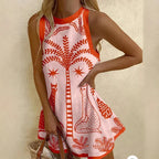 Graphic Print Sleeveless Crew Neck A-Line Linen Mini Dress