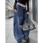 Blue Women's Jeans Hip-hop Fashion Vintage Streetwear Y2K Wide Leg Straight Jean High Waist Trouser Baggy Cargo Denim Pants