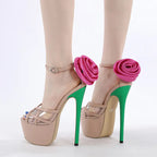 16CM Women Sandals with Rose Flowers Cover Strap and Platform High Heels