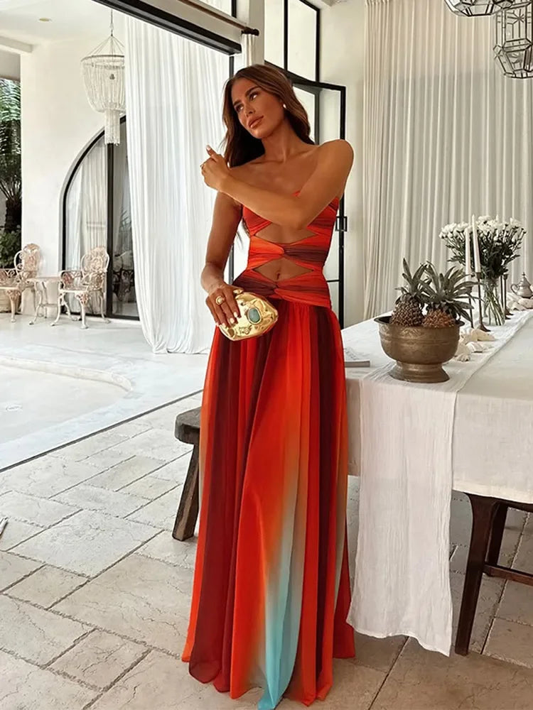 Strapless Twisted Bodice Diamond Cutout Layered Tulle Maxi Dress