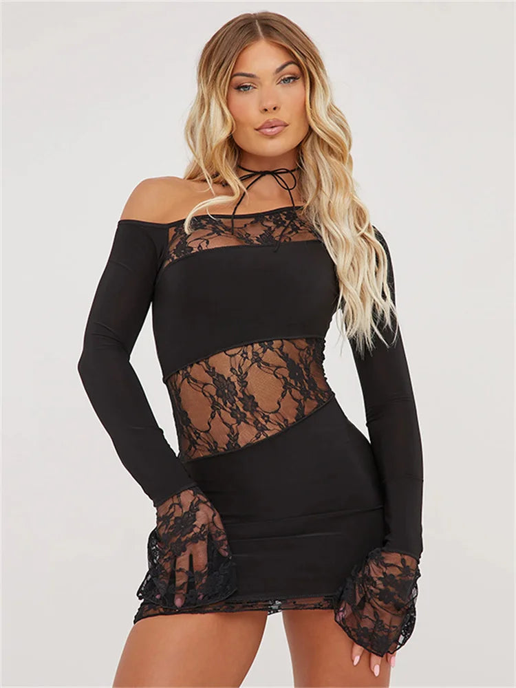 One Shoulder Asymmetric Lace Panel Long Sleeve Mini Dress