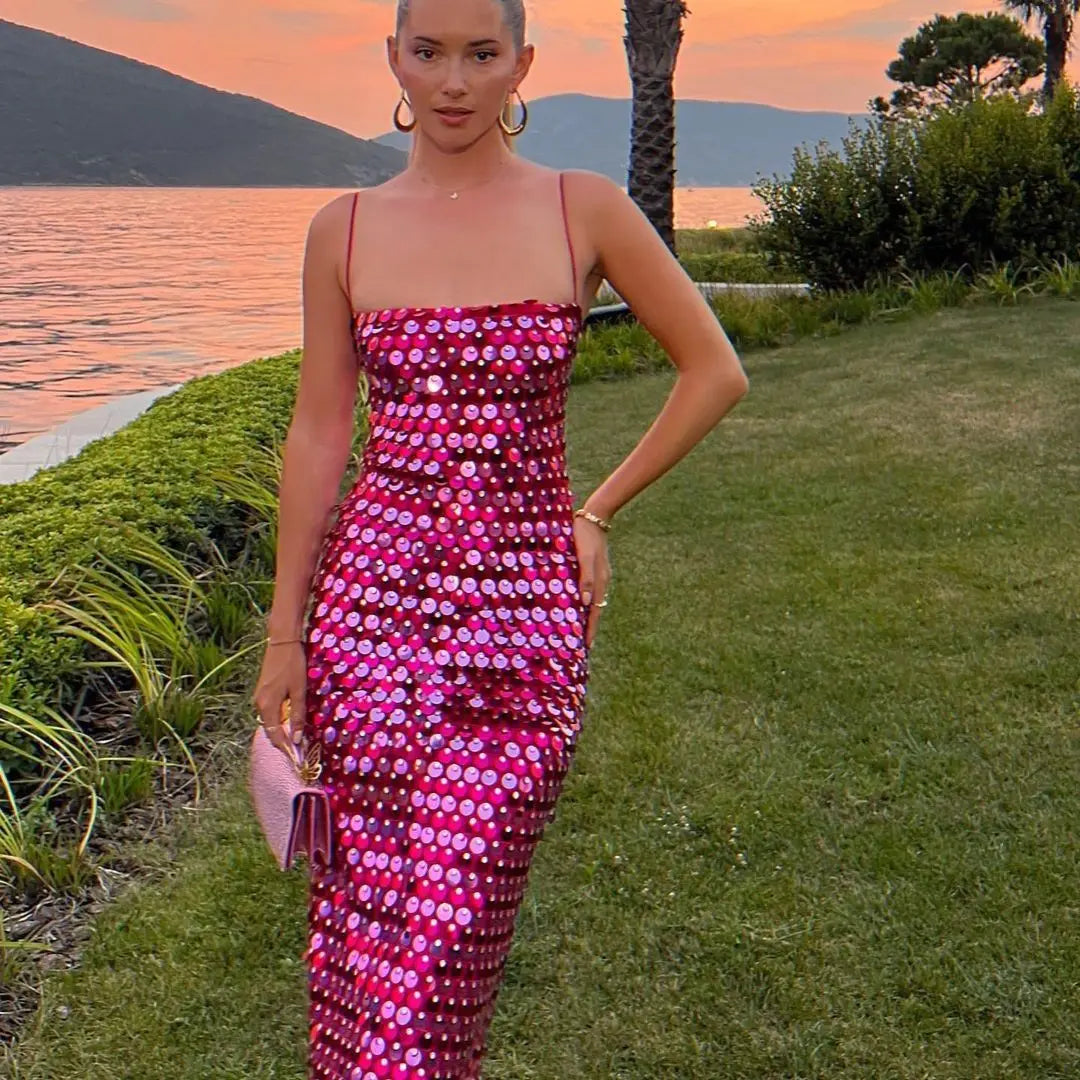 Large Sequin Disk Spaghetti Strap Square Neck Column Midi Dress