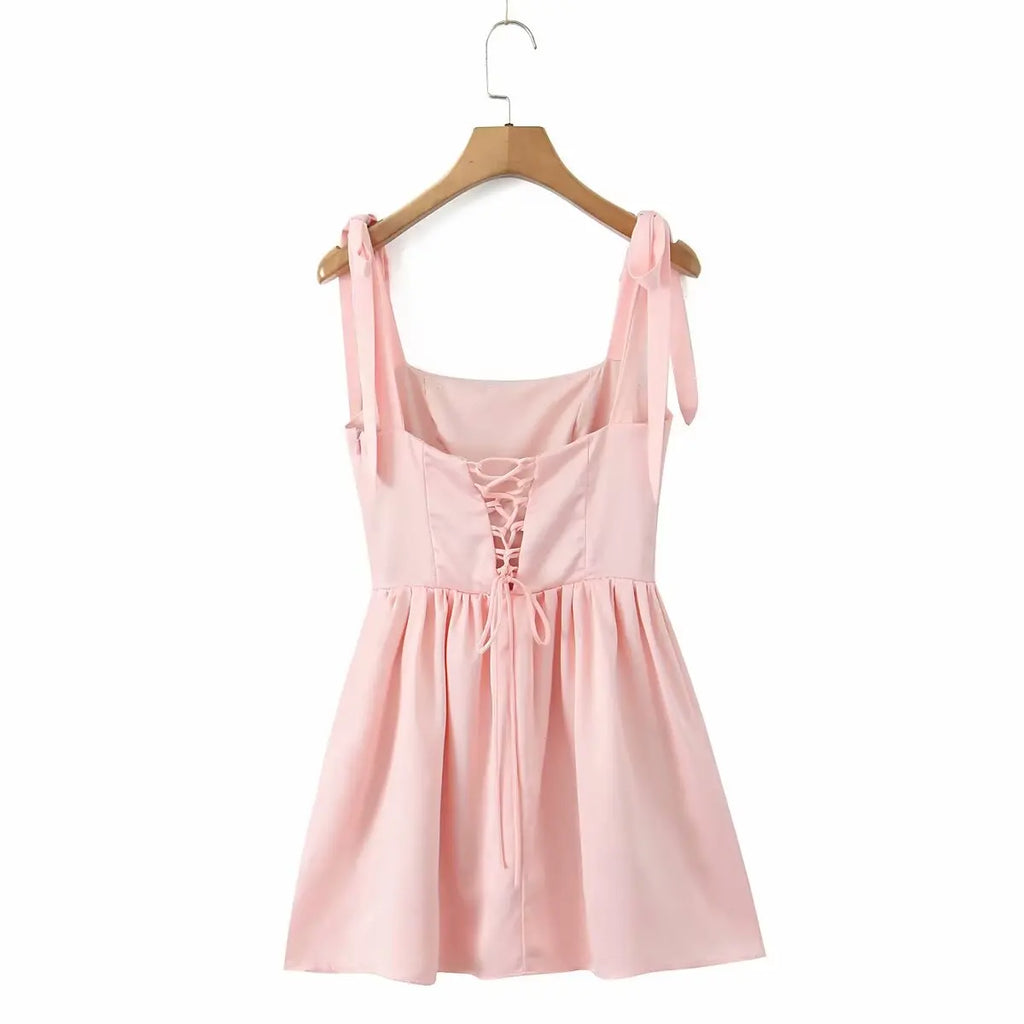 2025 Pleated Design Tie-up Sleeveless Summer Dresses Women Solid Color Slim Fit Mini Dress Simple Fashion Party Dress