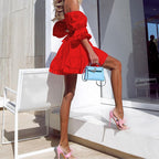 Off-Shoulder Tie Front Button Puff Sleeve Ruffle Hem Mini Dress