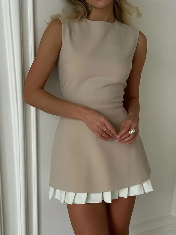High Neck Sleeveless Pleated Hem Layered A-Line Mini Dress