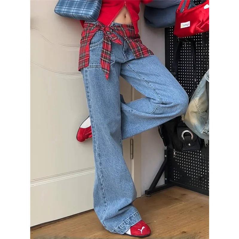 TAIVIMART  -  Y2K Blue Jeans For Women High Quality High Waist American Street Wide Leg Pants Hip Hop Vintage Straight Autumn Trousers