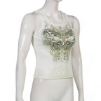 DressBetty - Slim Knitted Vest White Sleeveless O Neck Butterfly Vintage Print Tank Crop Tops