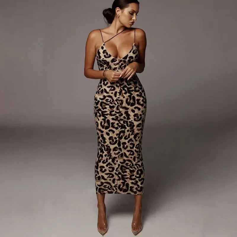 Print Cross Strap Plunging V-Neck Bodycon Midi Dress