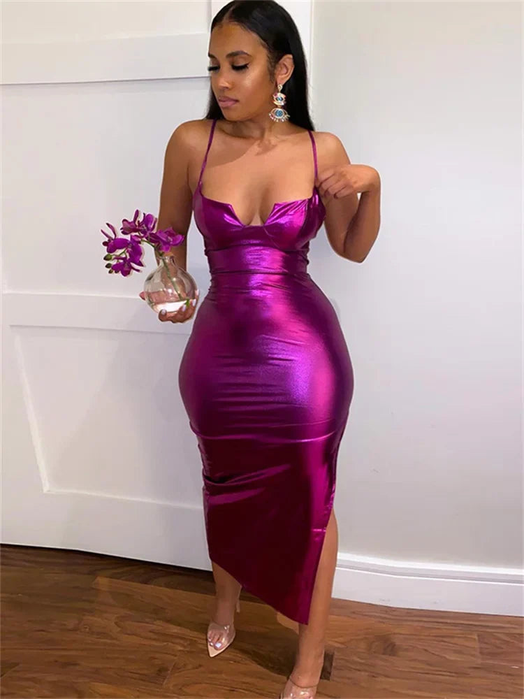 Metallic Foil Spaghetti Strap Plunge V-Neck Bodycon Maxi Dress