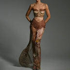 Lace Corset Bustier Patchwork Mesh High Slit Maxi Dress