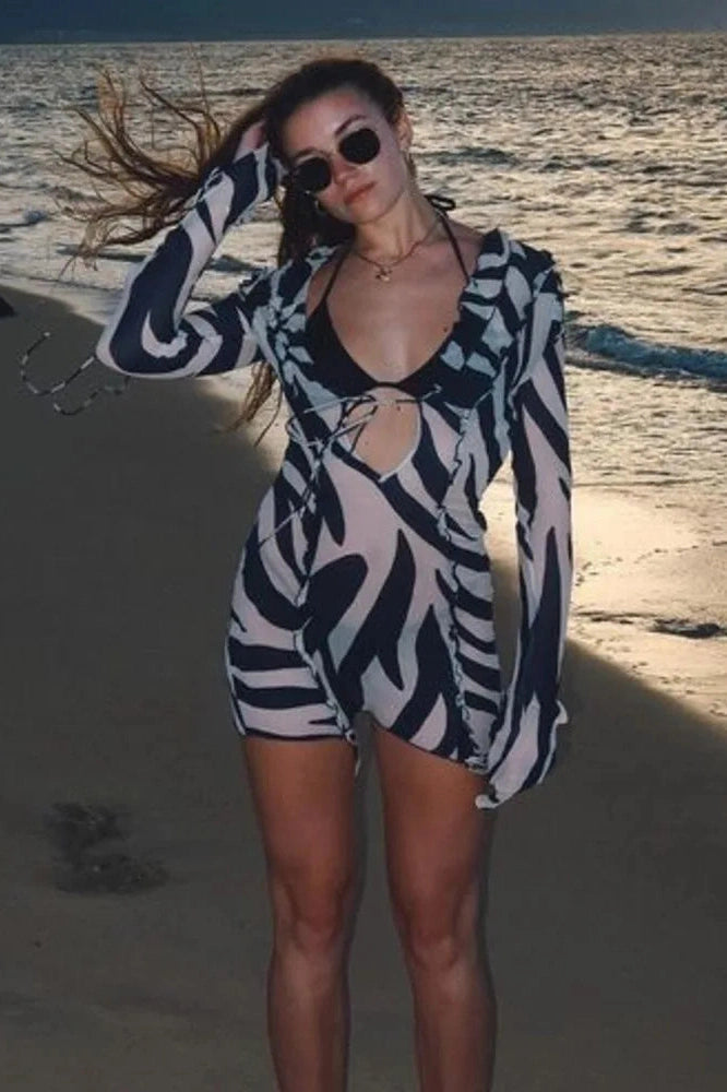 V-Neck Long Sleeve Printed Mini Dress with Slim See-Through Design