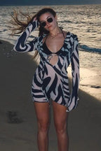 V-Neck Long Sleeve Printed Mini Dress with Slim See-Through Design
