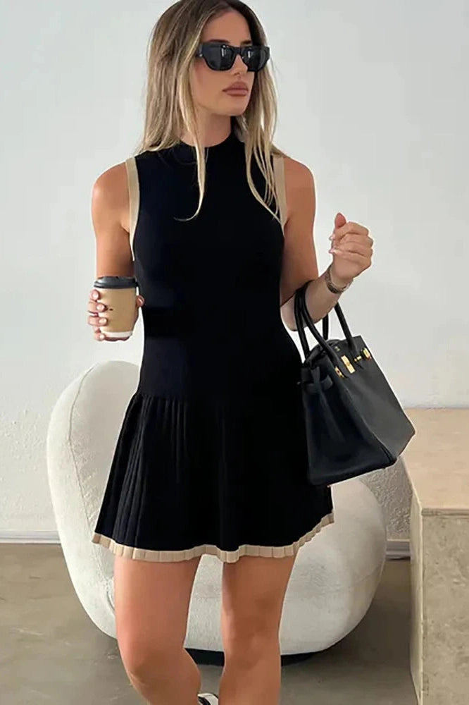 Sleeveless Pleated High Waist Slim Mini Dress