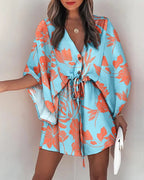 DressBetty - Casual Flora Print Batwing Sleeve Lace-Up Dress