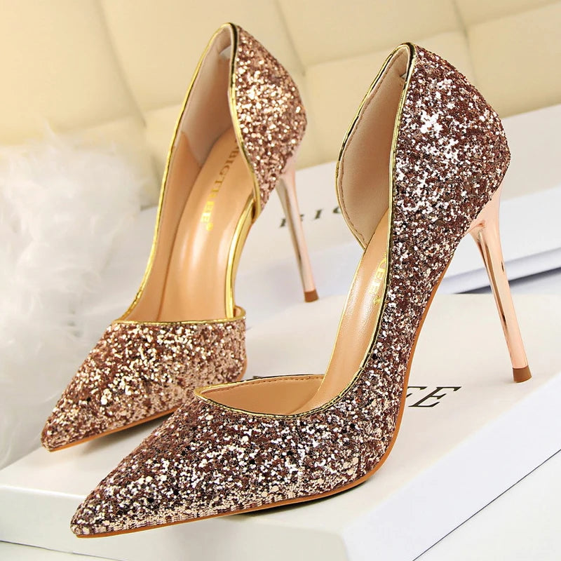 Sequin Champagne Stiletto High Heels Wedding Pumps for Women