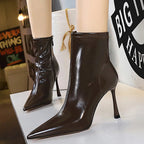 Leather High Heel Boots with Side Zipper and Warm Plush Lining for Winter