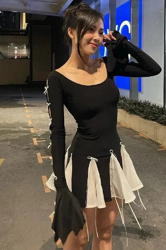 Patchwork Long Sleeve Mini Dress