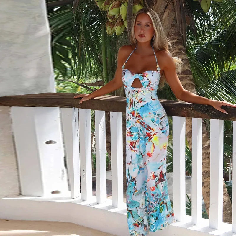 Abstract Print Halter Neck Bust Cut Out Ruched Waist Bodycon Maxi Dress