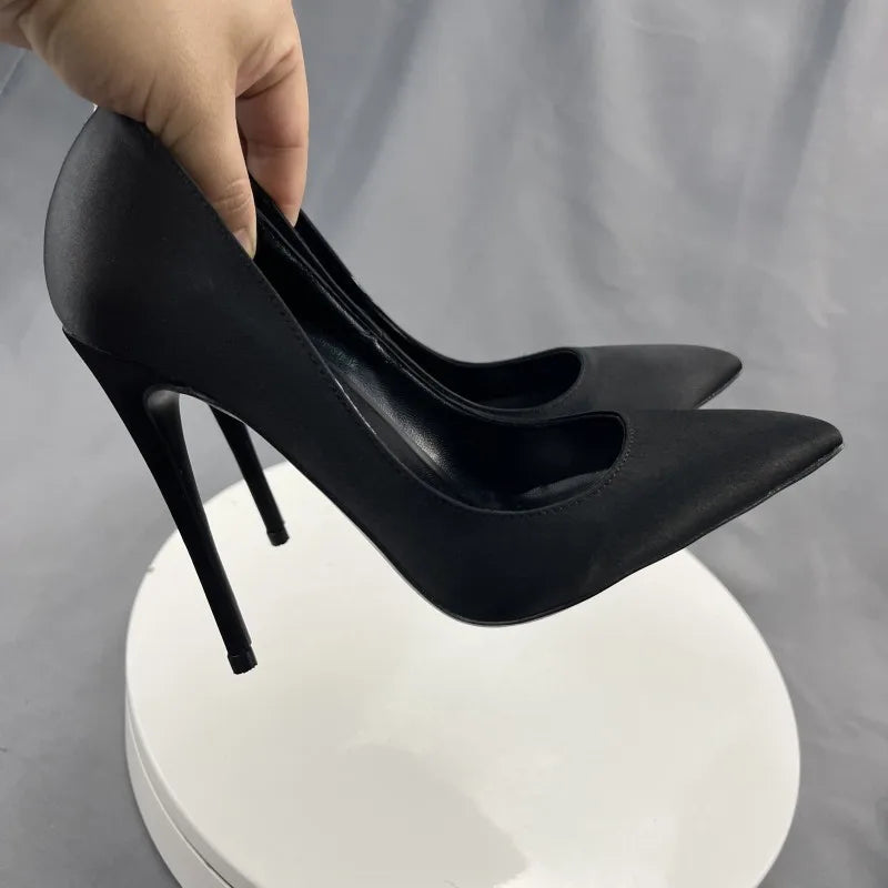 Black Satin Sexy Pointe Toe High Heel Dress Shoes for Women