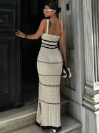 Striped Knit Scoop Neck Open Crochet Panel Midi Dress