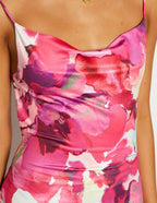 Abstract Floral Print Cowl Neck Tie Shoulder Satin Maxi Dress