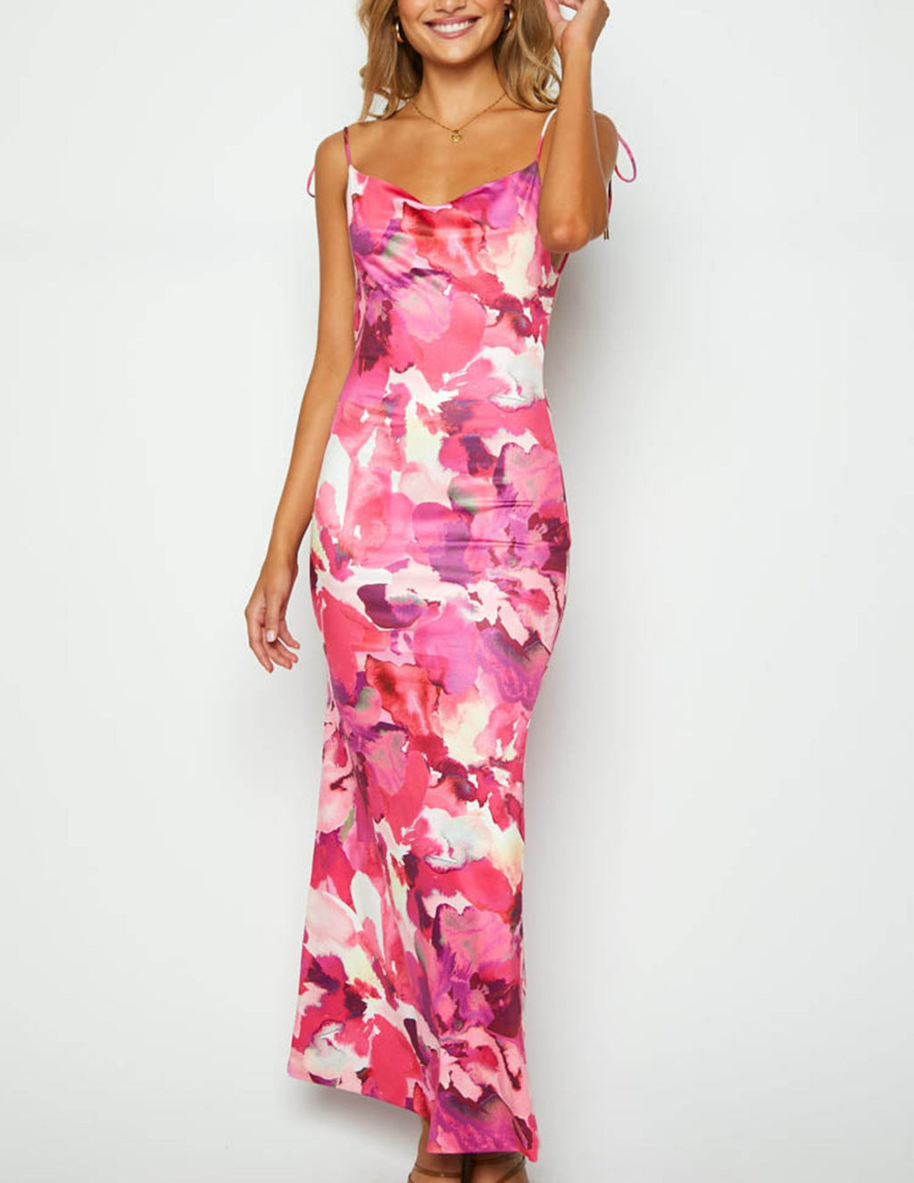 Abstract Floral Print Cowl Neck Tie Shoulder Satin Maxi Dress