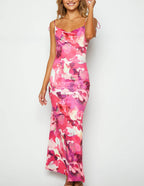 Abstract Floral Print Cowl Neck Tie Shoulder Satin Maxi Dress