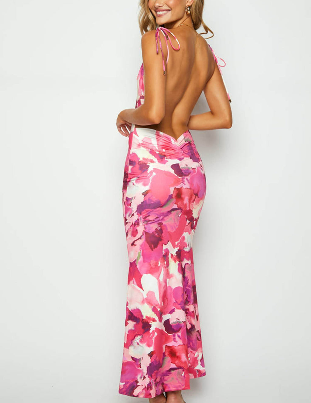 Abstract Floral Print Cowl Neck Tie Shoulder Satin Maxi Dress