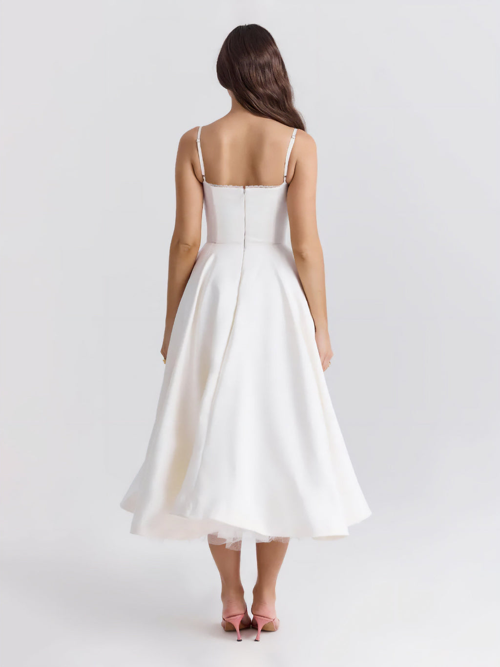 Lace Trim Corset Bustier Spaghetti Strap Pleated Pocket Tea Length Dress