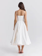 Lace Trim Corset Bustier Spaghetti Strap Pleated Pocket Tea Length Dress