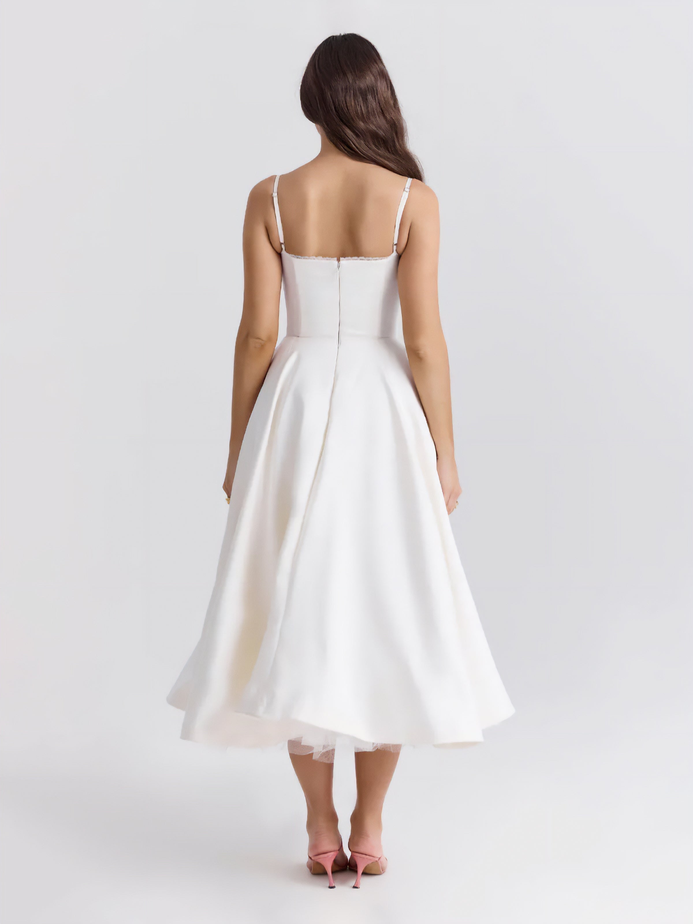 Lace Trim Corset Bustier Spaghetti Strap Pleated Pocket Tea Length Dress