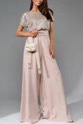 Sequin Patchwork Short Sleeve High Waist Jumpsuits