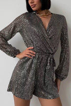 Sequin V Neck Tie-up Rompers