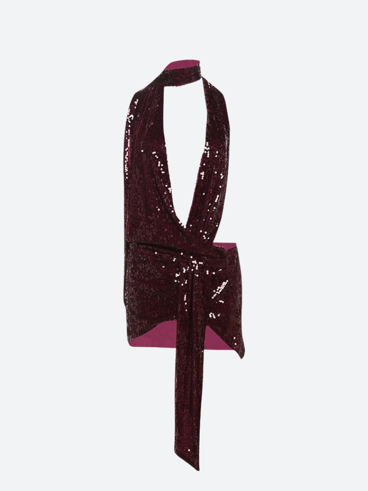 Sequin Plunging Halter Choker Wrap Maxi Gown