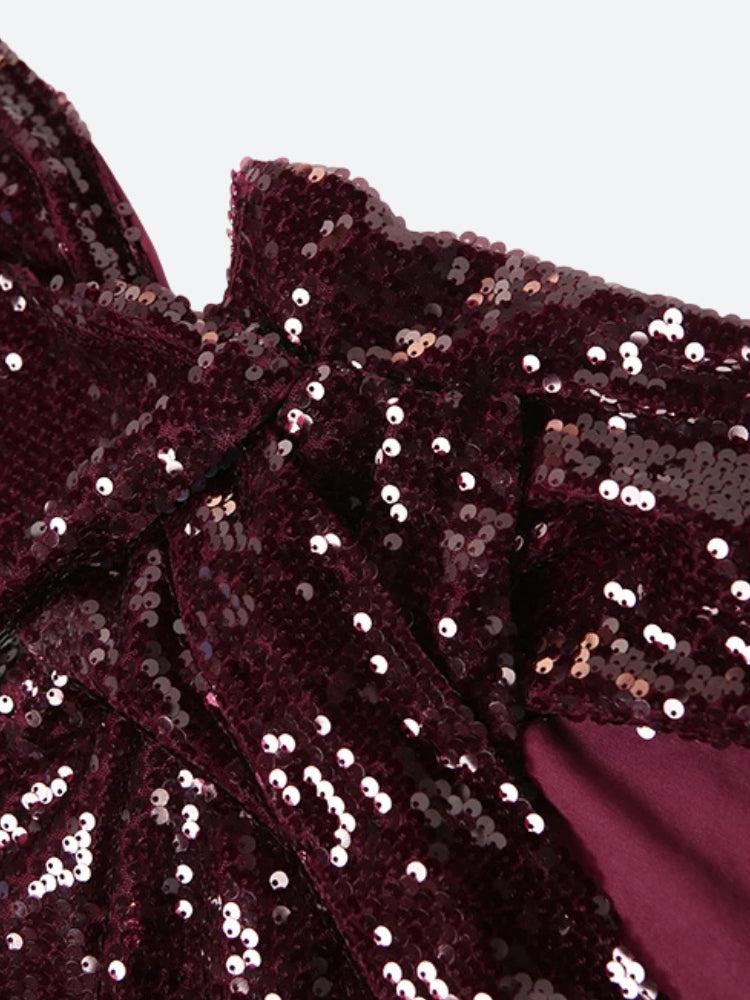Sequin Plunging Halter Choker Wrap Maxi Gown