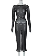 Mesh Sheer Long Sleeve Boat Neck Bodycon Midi Dress