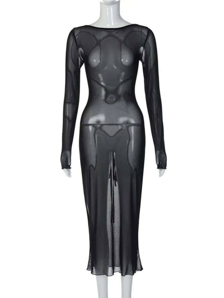 Mesh Sheer Long Sleeve Boat Neck Bodycon Midi Dress