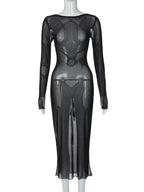 Mesh Sheer Long Sleeve Boat Neck Bodycon Midi Dress