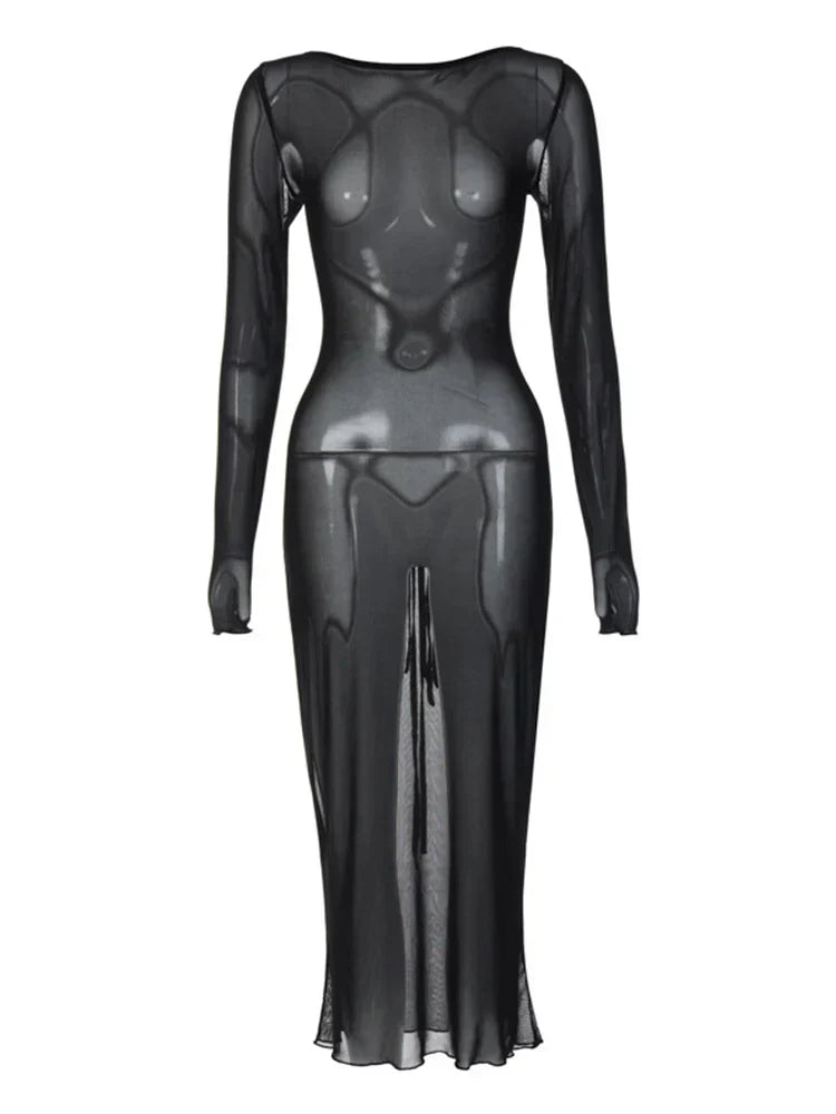 Mesh Sheer Long Sleeve Boat Neck Bodycon Midi Dress