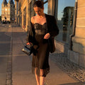 Lace Corset Bodice Spaghetti Strap Lace Overlay Side Slit Midi Dress