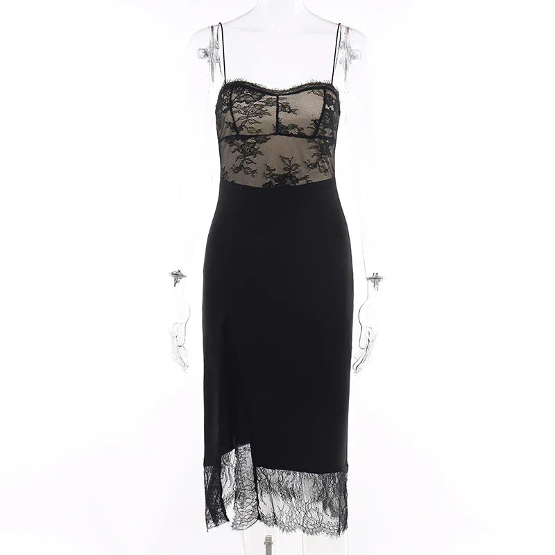 Lace Corset Bodice Spaghetti Strap Lace Overlay Side Slit Midi Dress